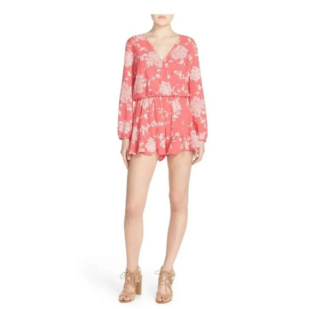 Fraiche by J Pink Floral Crepe Long Sleeve V Neck Surplice Romper Size L